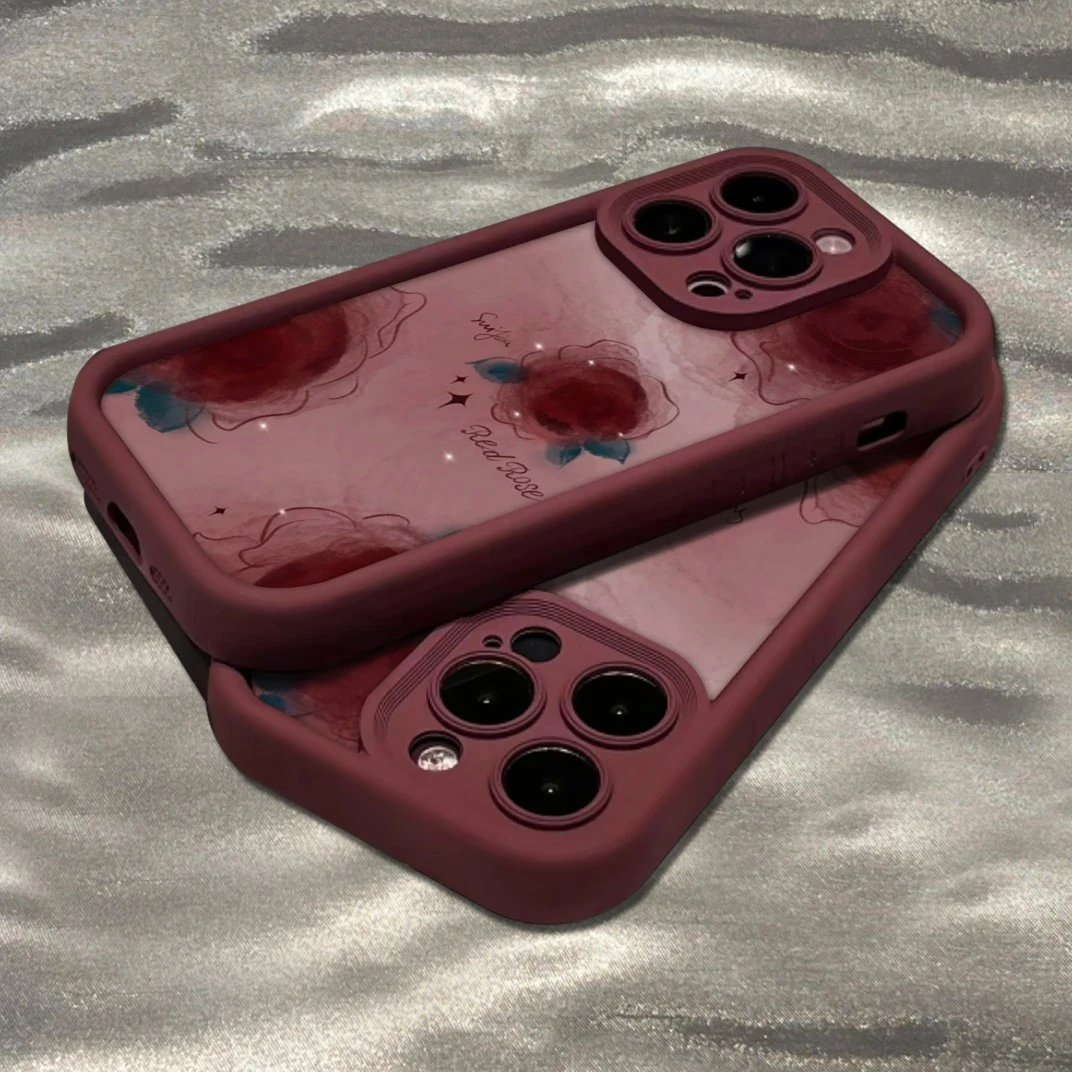 苹果14Promax高级酒红晕染玫瑰手机壳iPhone13/14/15全包12网红款