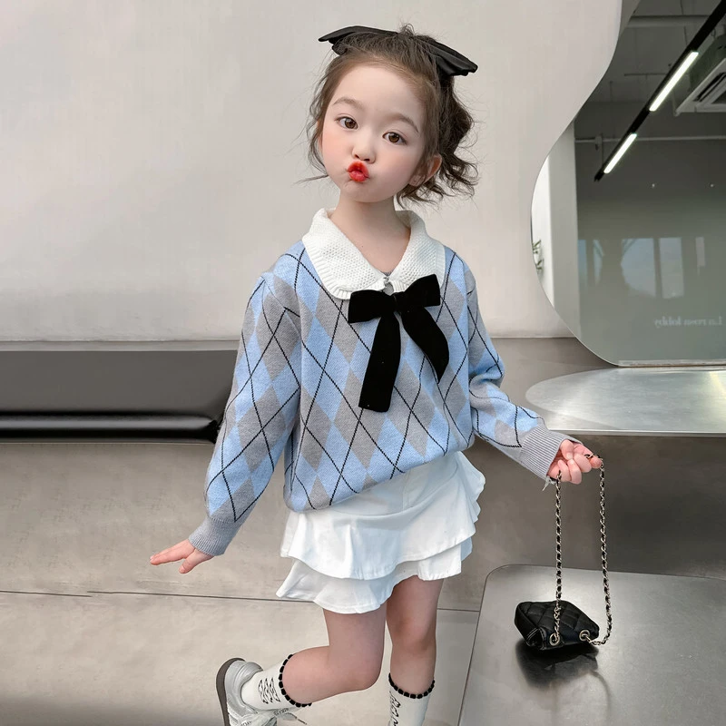 女童学院风毛衣2024新款儿春秋装洋气针织衫时髦女宝宝春装毛线衣