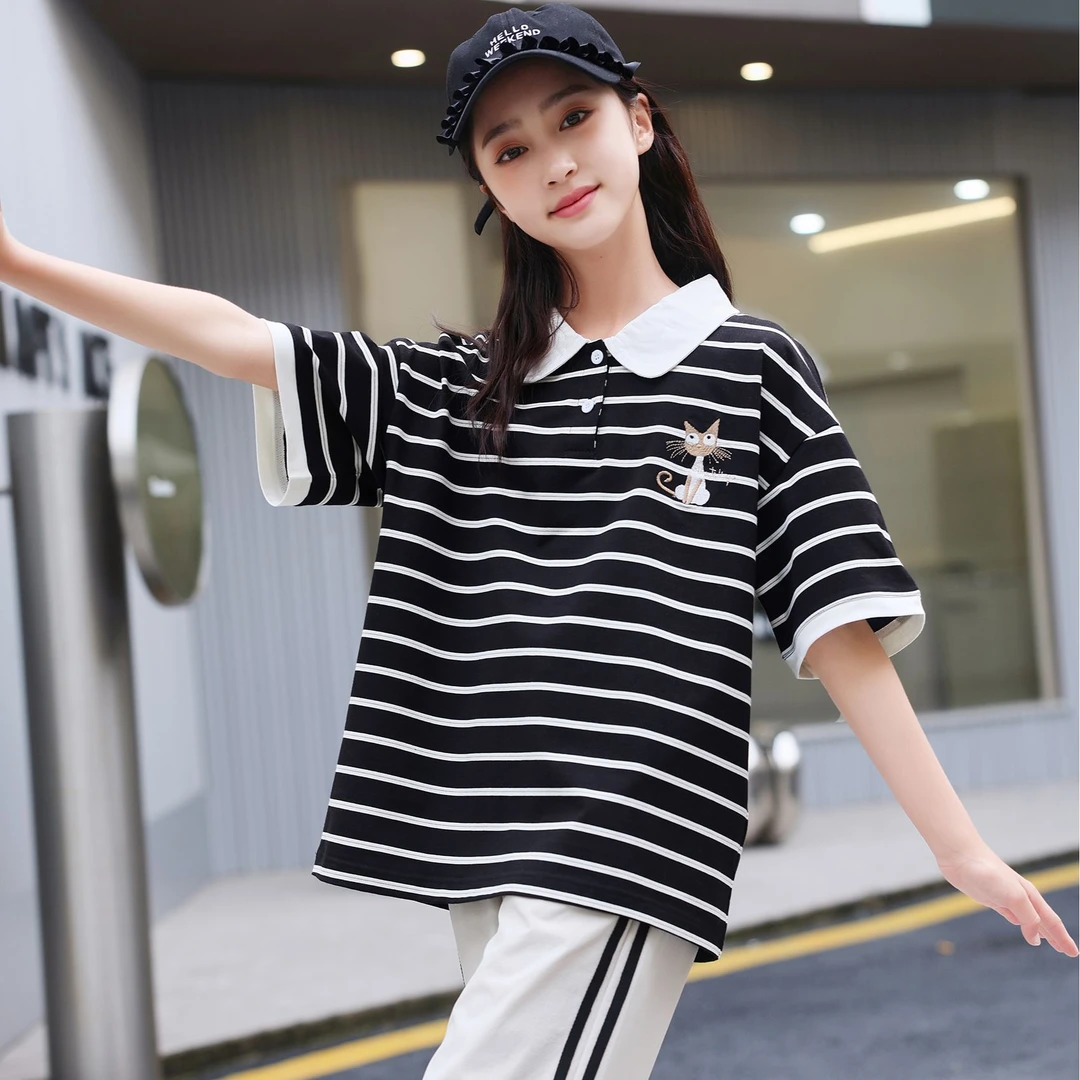 【白茶如梦】夏季新款女童POLO衫2025青少年百搭宽松休闲半袖1335