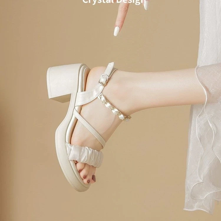 法式粗跟高跟鞋女2024夏季新款软底百搭仙女风厚底凉鞋一字带凉鞋