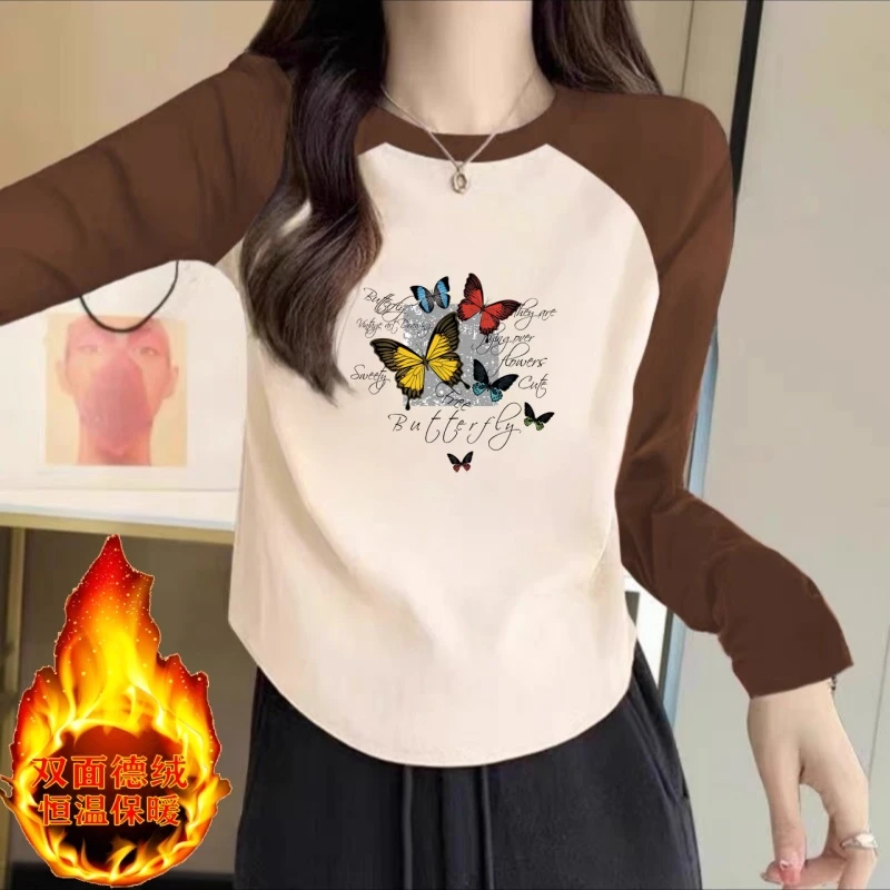双面德绒新款拼接长袖T恤女2023秋冬季显瘦撞色T恤时尚大码上衣女