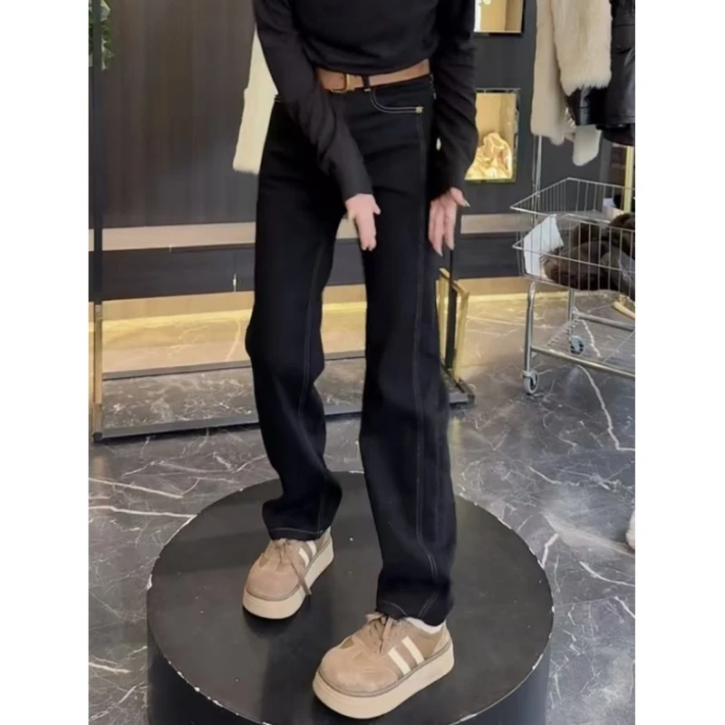 梨形显瘦大码直筒窄版阔腿裤牛仔裤子女2024年秋冬季新款加绒加厚