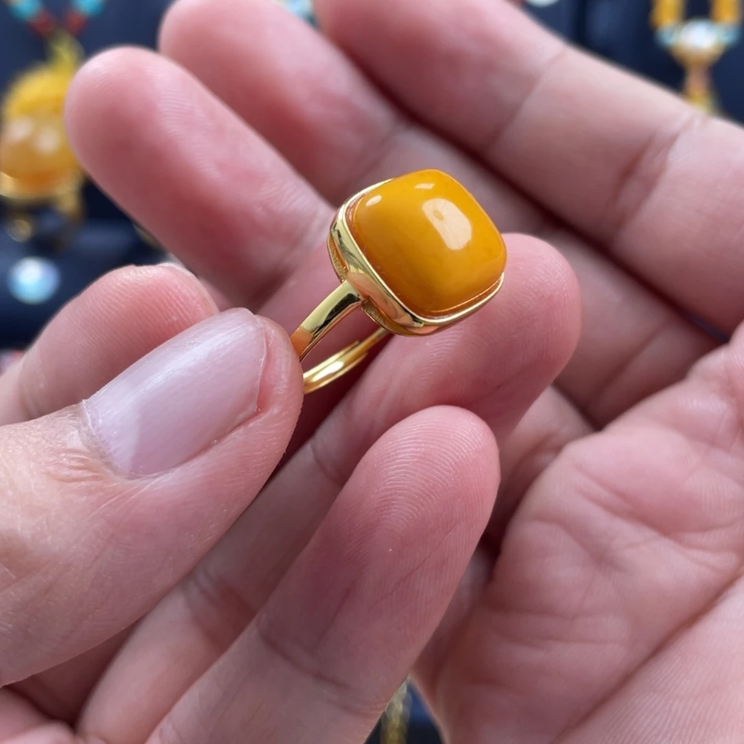 蜜蜡戒指银S925镀金镶嵌