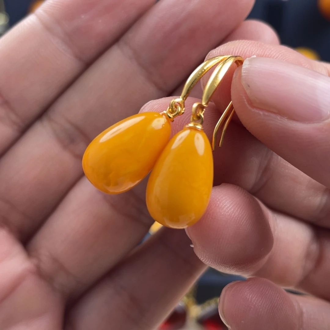 蜜蜡耳饰银S925镀金镶嵌