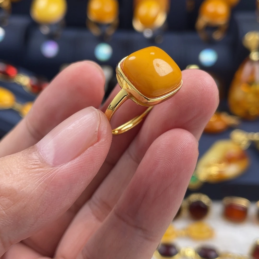 蜜蜡戒指银S925镀金镶嵌