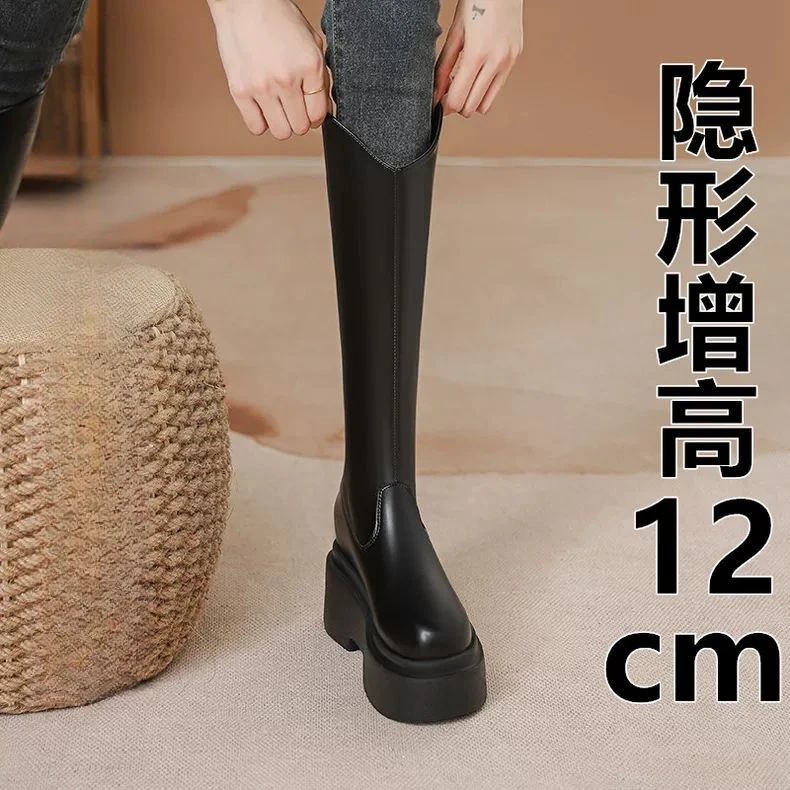爆款英伦风小个子内增高V口长筒靴女百搭2025新款长靴子女过膝