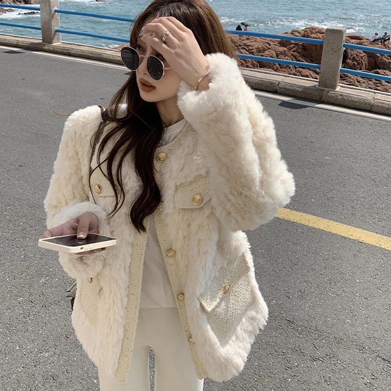 小香风外套女冬天新款高级感可可仿兔毛大衣加厚圆领网红棉服