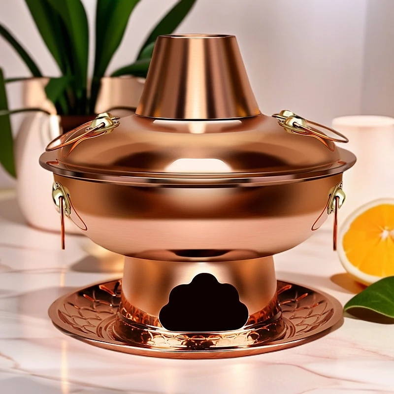 家用商用铜火锅加厚纯紫铜木炭锅铜火锅老北京鸳鸯红铜火锅铜火锅