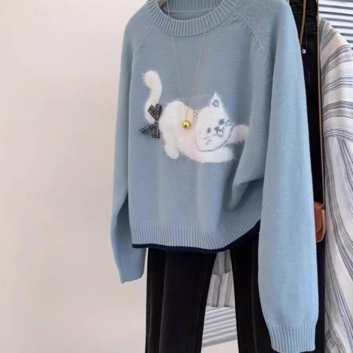 蓝色小猫圆领套头减龄毛衣女2024冬正肩宽松内搭小个子针织衫上衣