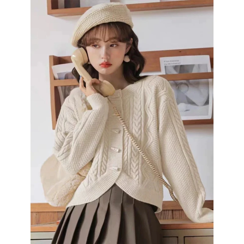 牛角扣麻花毛衣开衫女春秋2024新款软糯小香风设计感针织上衣外套