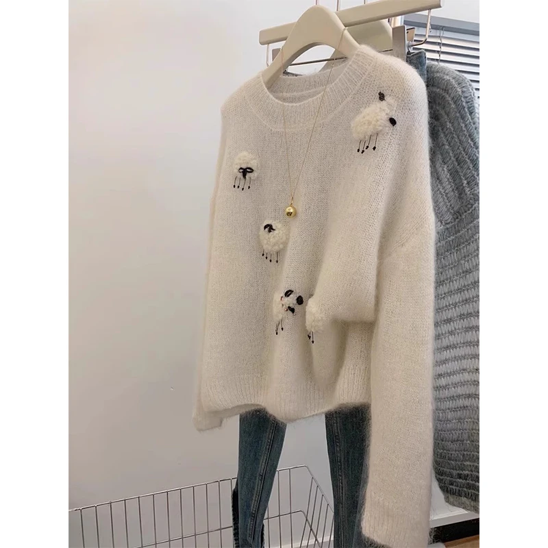 白色套头宽松小个子外穿毛衣慵懒风高级感针织衫上衣女设计感小众