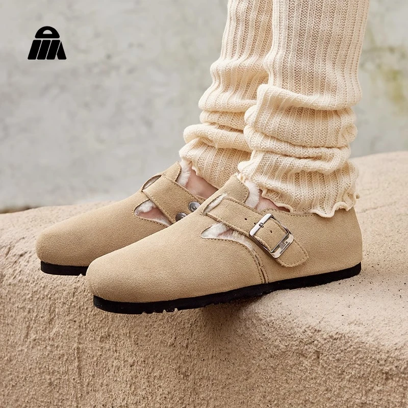 DREAMMERINO穆勒鞋冬季时尚百搭头层牛皮牛绒加绒羊毛保暖棉鞋
