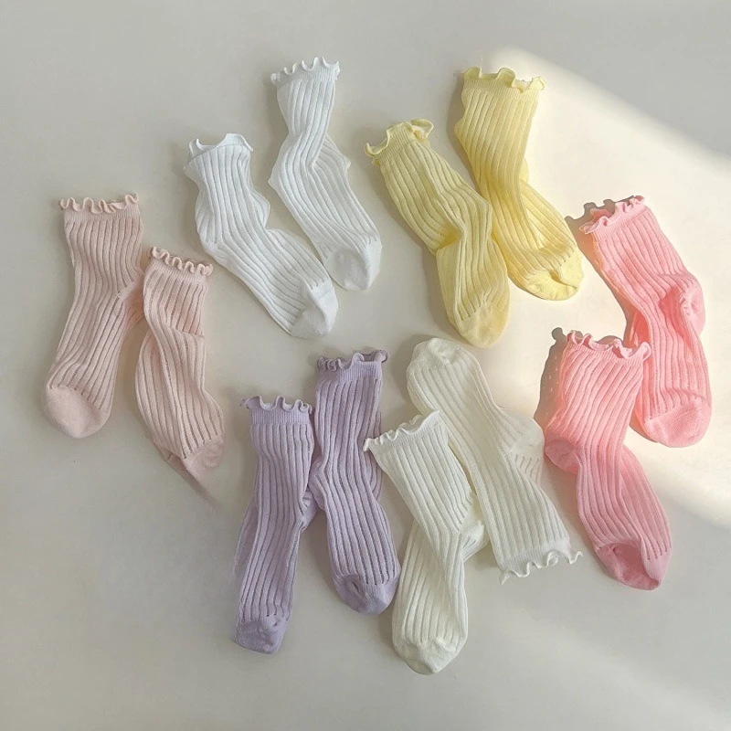 女童袜子夏季薄款透气纯色中筒袜儿童韩版ins木耳花边堆堆公主袜