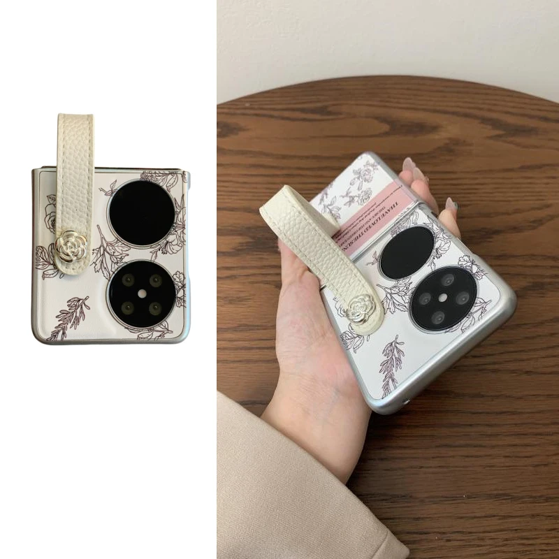 华为pocket2手机壳oppofindN3flip高级感素描山茶花腕带vivoXflip