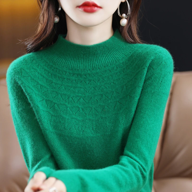 一线成衣100%羊毛半高领羊毛衫女显瘦针织毛衣镂空套头宽松打底衫