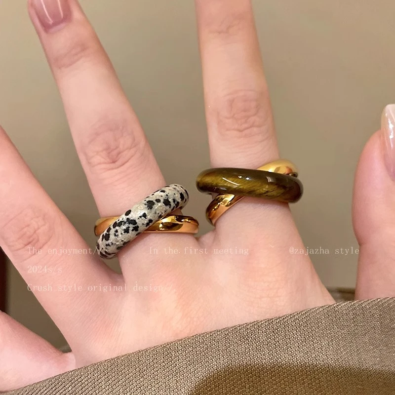 合金戒指 虎眼石交叉双圈戒指女小众独特设计食指戒个性风ins指环