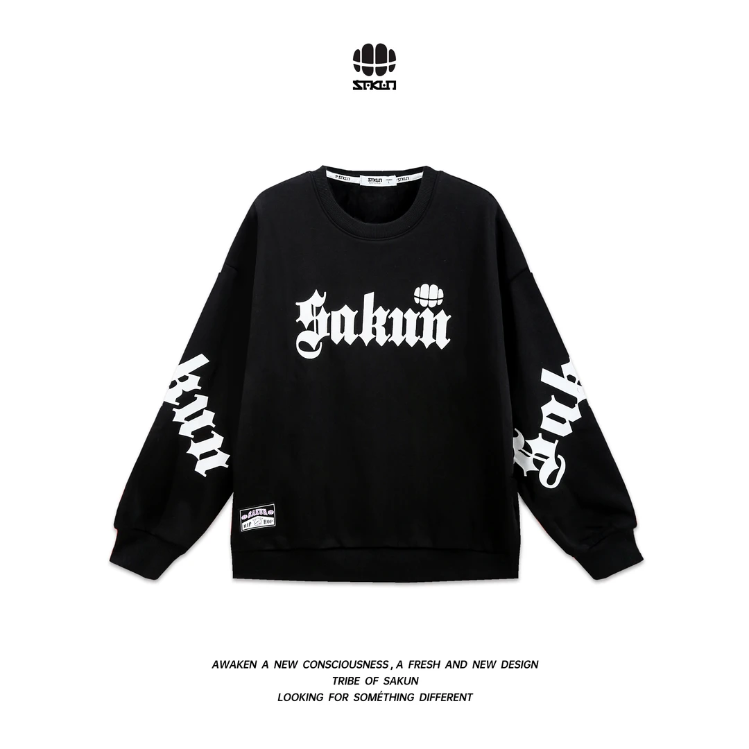 【李晨nic专属】SAKUN哥特式字母印花情侣加绒圆领卫衣3153-1415020