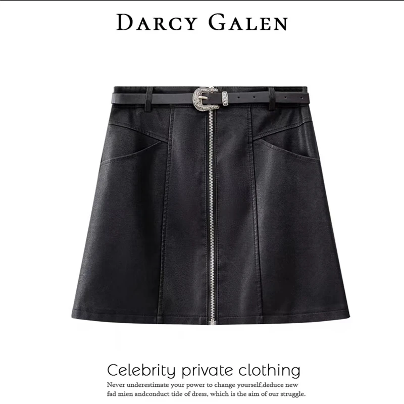 DARCYGALEN高腰短裙半身裙气质显瘦PU皮拉链A字裙子百搭秋季秋冬