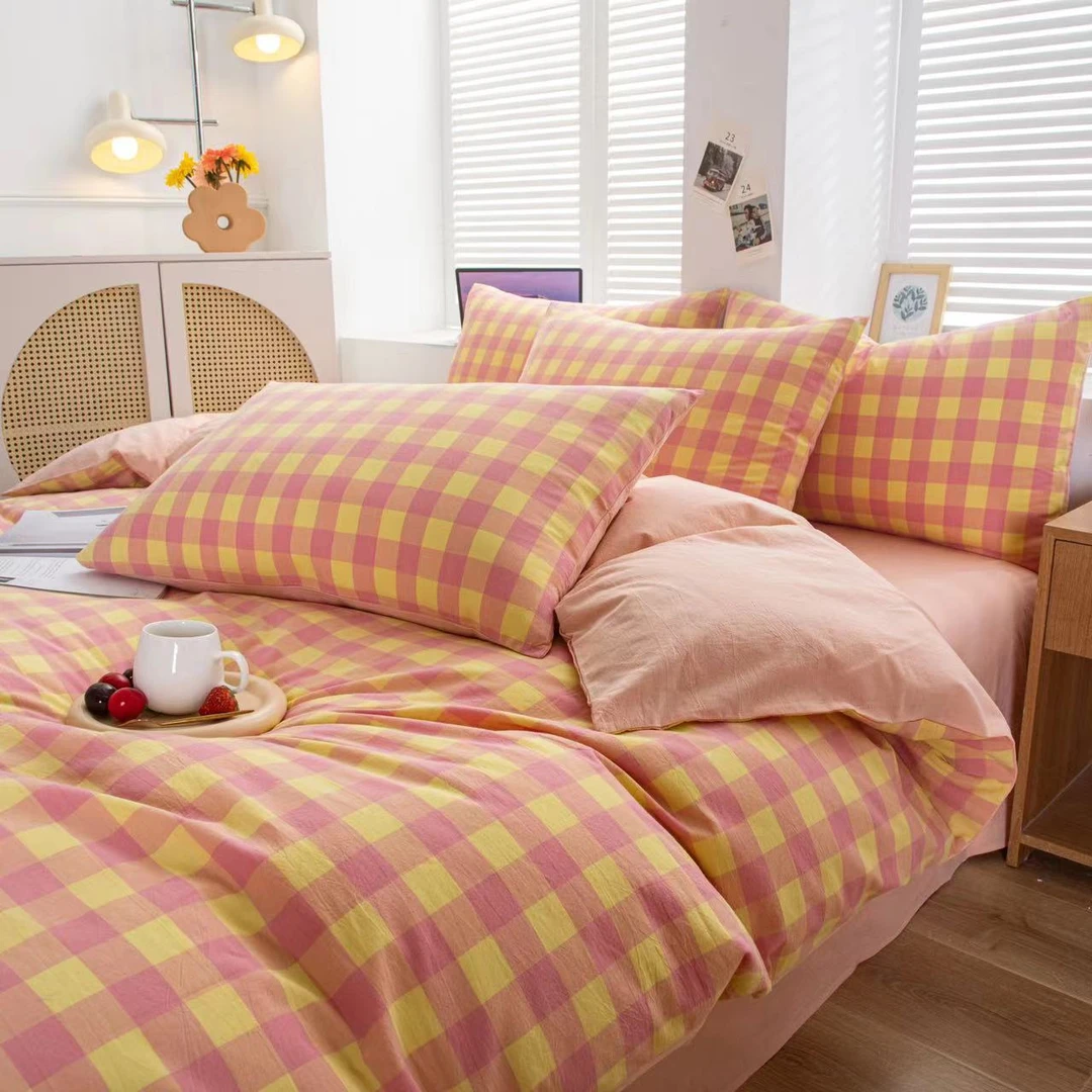 简约【格子套件】全棉色织水洗棉学生宿舍三件套四件套
