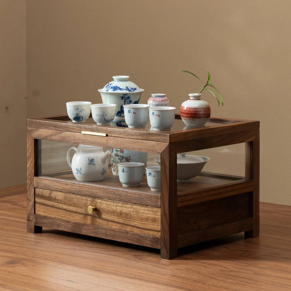 黑胡桃防尘透明五面单抽展示柜家用收纳置物柜茶具茶壶茶杯收纳柜