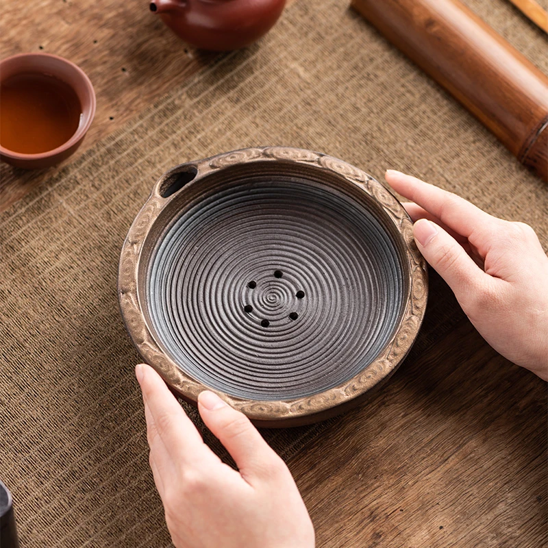 原矿粗陶鎏金壶承日式干泡台古朴粗矿茶承储水壶拖家用茶道零配件