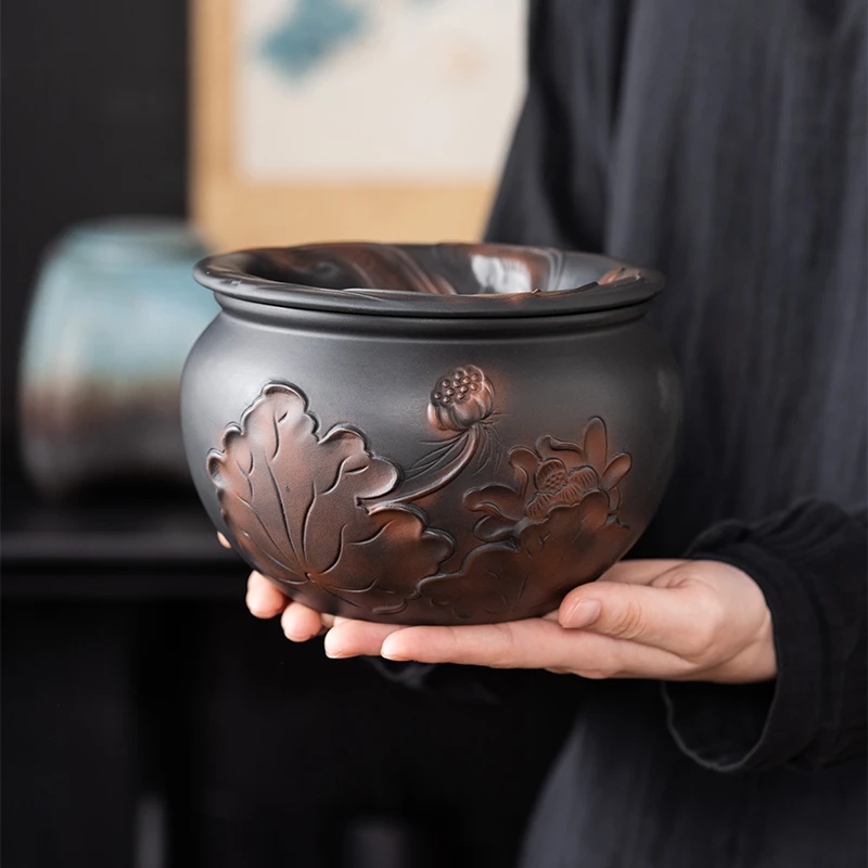 紫陶荷韵陶瓷茶渣缸带盖建水大容量废水桶中式复古茶杯洗茶道配件
