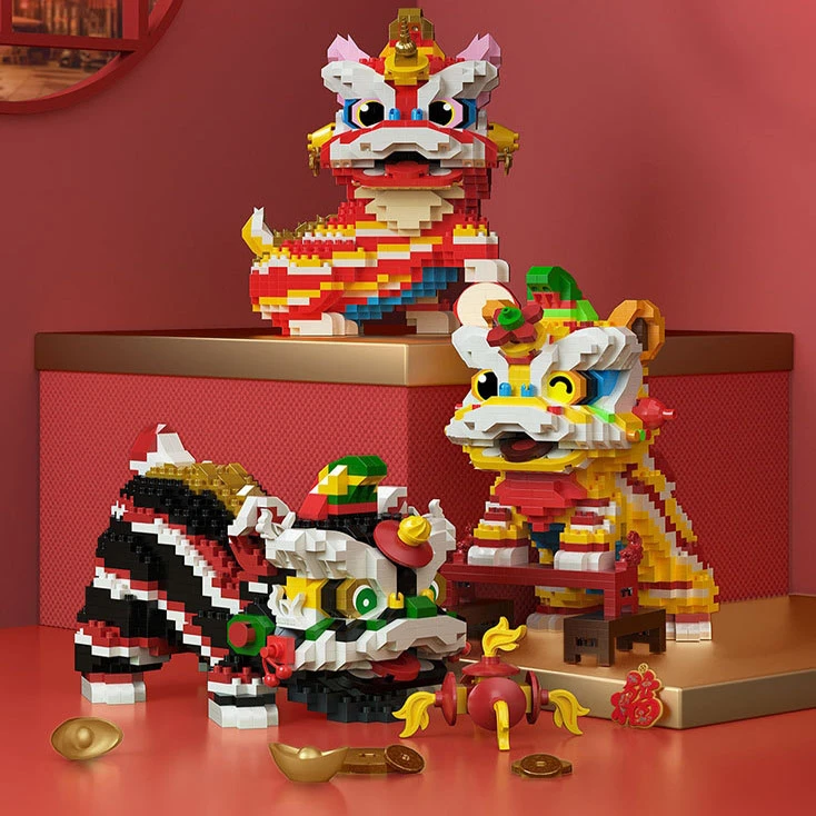 醒狮国潮微颗粒积木拼装玩具小摆件兼容新年