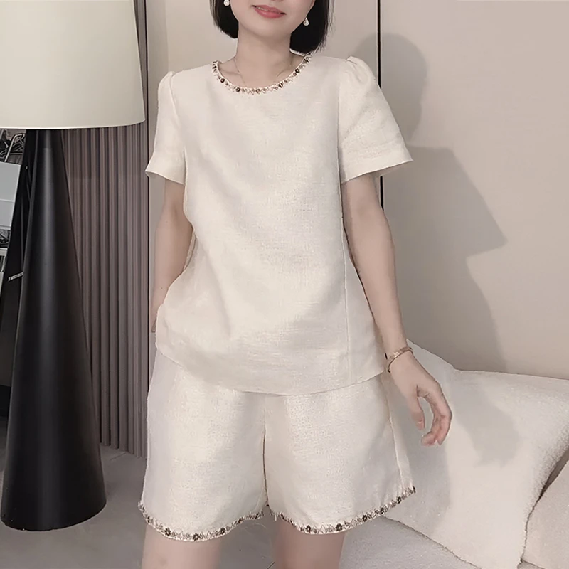 2024夏欧货简约减龄一整套彩色钉珠领气质洋气上衣短裤套装短袖