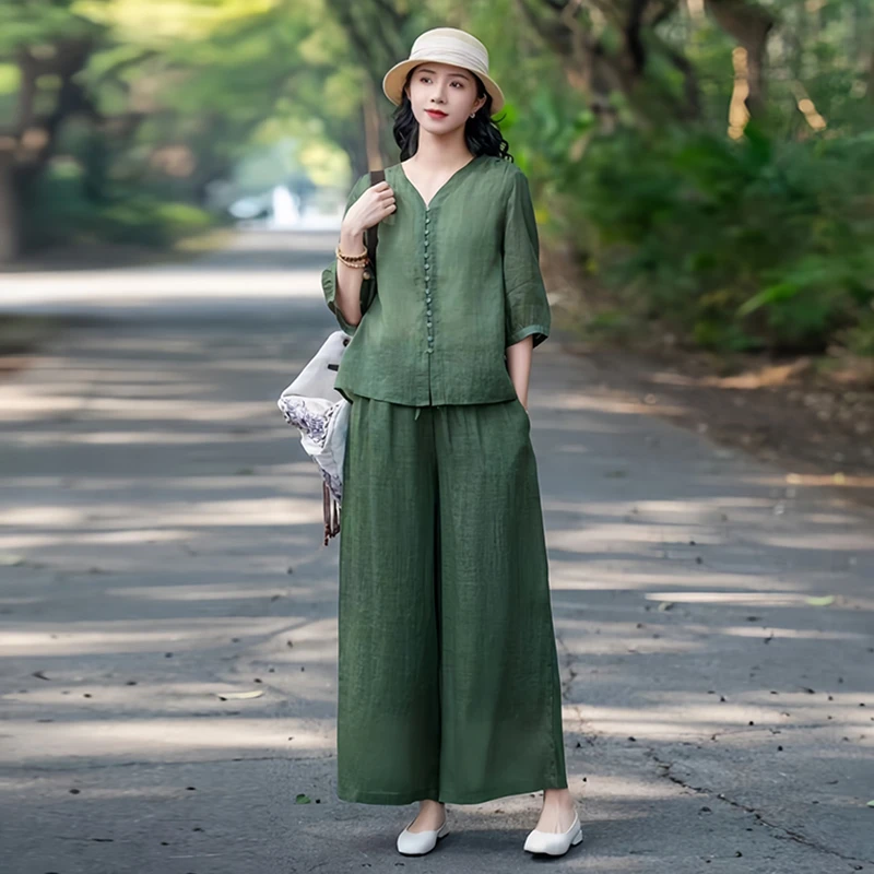 文艺复古亚麻套装女夏季2024新款气质棉麻宽松阔腿裤两件套显瘦