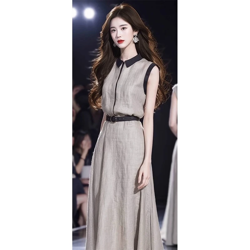 休闲梨型身材宽松遮肚子无袖收腰连衣裙子简单大方女夏长裙气质