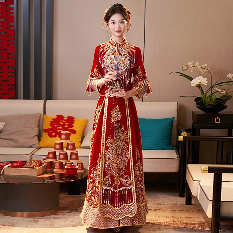 2023小个子高端丝绒秀禾服中式嫁衣出阁服龙凤褂秋冬加厚新娘婚服