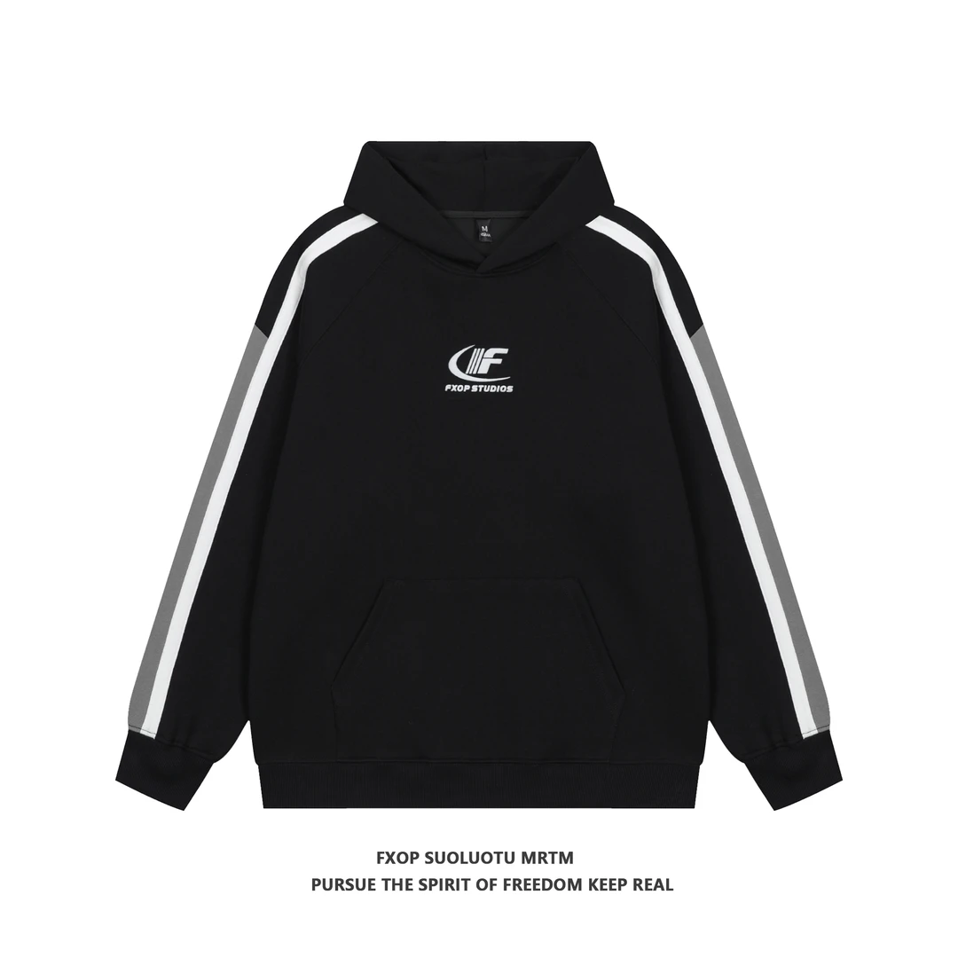 FXOP秋冬新品潮流时尚拼色条杠绒面印花外套宽松情侣连帽卫衣L768