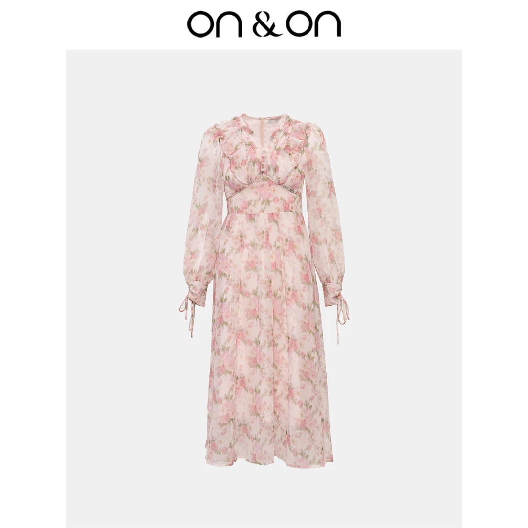 ON&ON/安乃安【流光风】秋季V领荷叶边碎花甜美连衣裙N4SP1614957