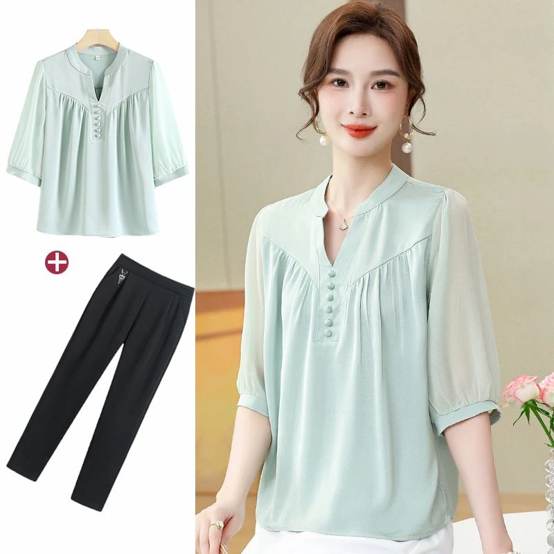 妈妈夏装气质雪纺套装2025新款中老年女装洋气纯色母亲时尚上衣服
