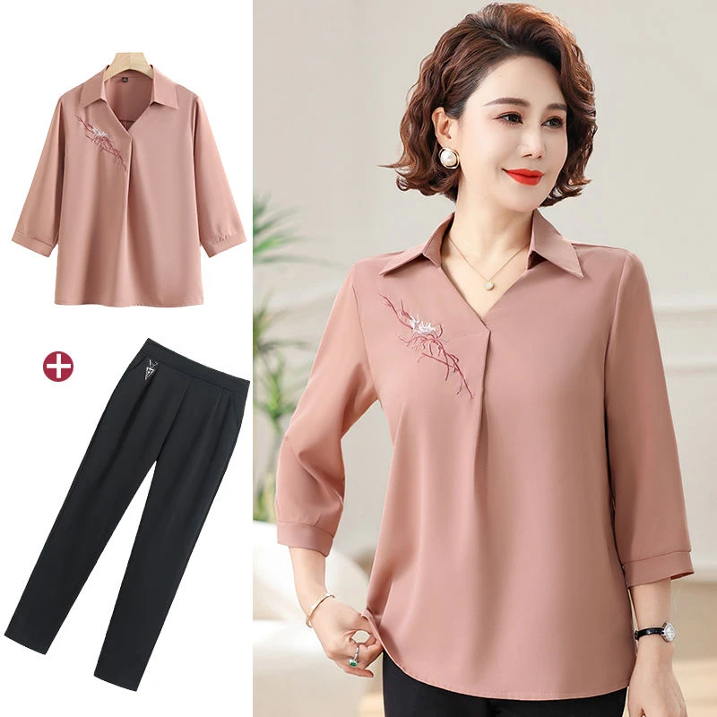 妈妈夏装套装夏天新款中老年女装中袖绣花雪纺衫中年人时尚上衣服