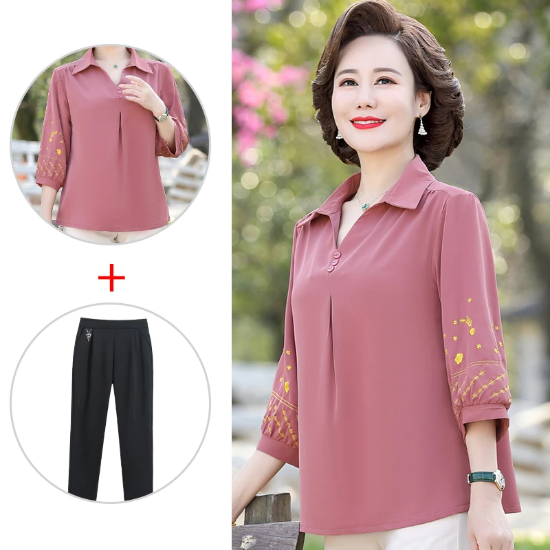 妈妈夏装小衫夏天新款中老年女装短袖时髦套装中年母亲气质两件套