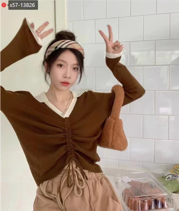 6543秋冬甜辣妹短款打底衫毛衣女内搭v领上衣设计感小众