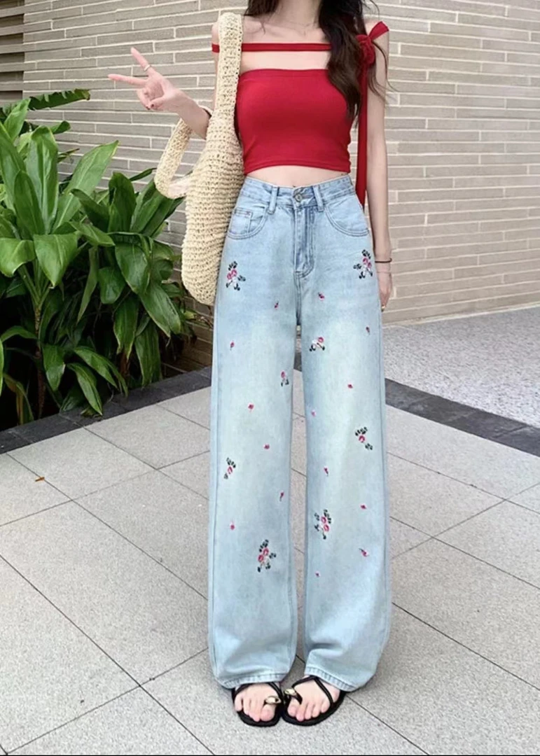 3T43-3892复古花朵阔腿牛仔裤女秋季宽松百搭休闲直筒拖地长裤