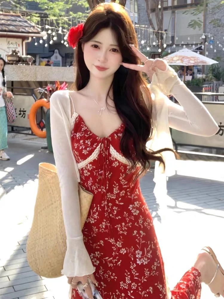 2352辣妹修身显瘦包臀连衣裙女2024夏季纯欲风性感法式碎花吊带裙