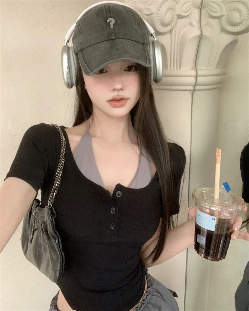 3M33-6080纯欲辣妹方领短袖T恤女性感内搭胸衣修身短款上衣两件套