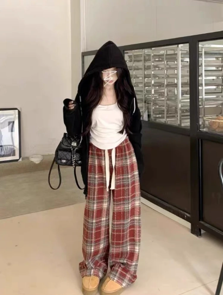 16539复古格子裤女秋冬新款百搭阔腿裤复古休闲长裤子