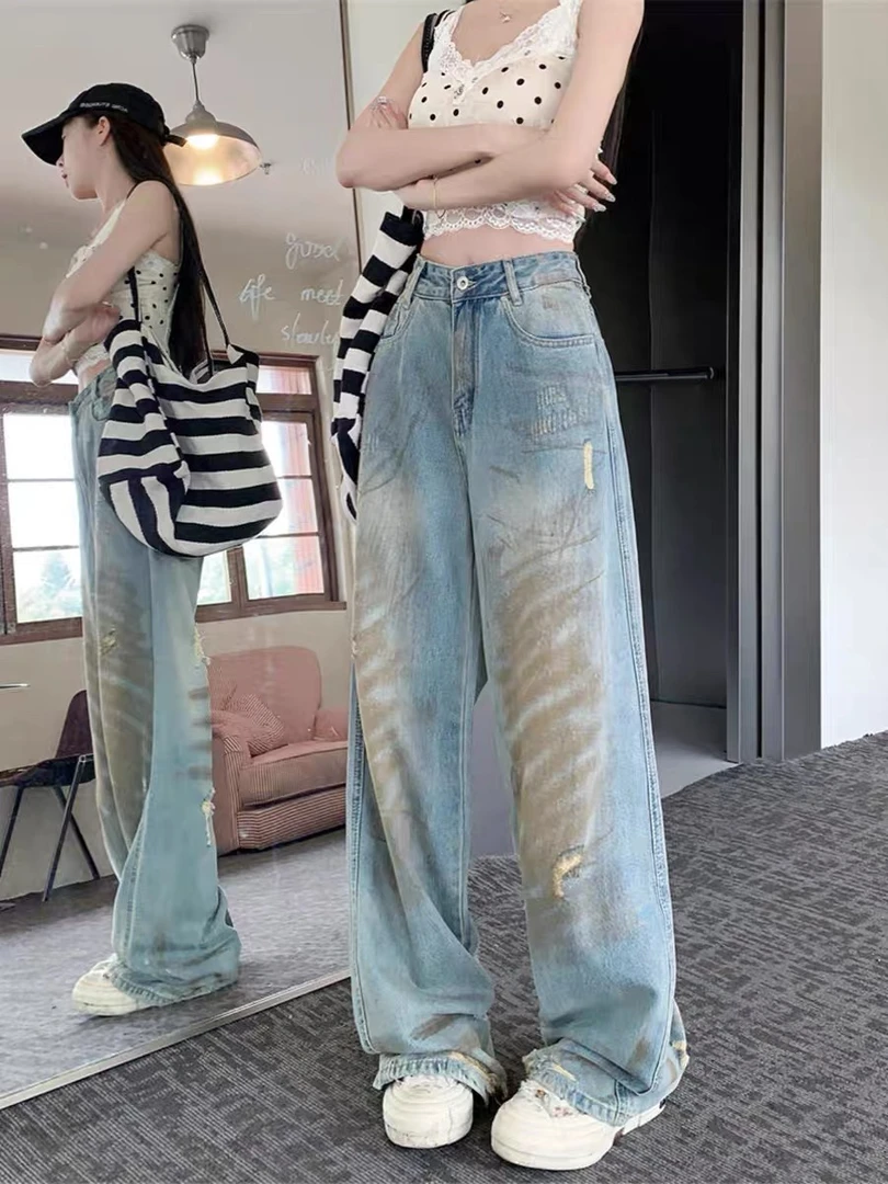 3T33-3898设计感阔腿牛仔裤女秋季复古显瘦直筒裤