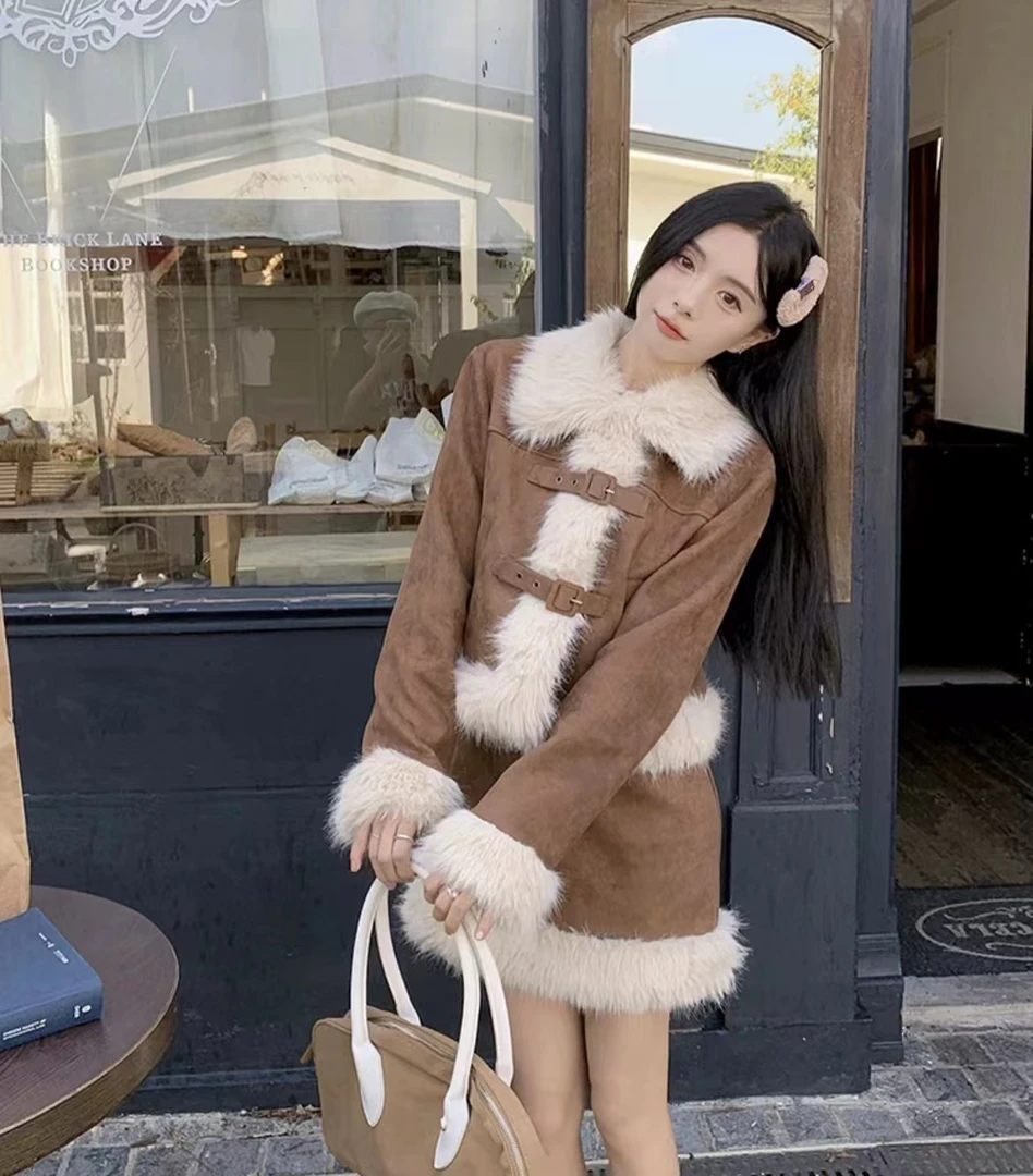 9688高级感套装女名媛毛领外套+半身裙子秋冬装两件套