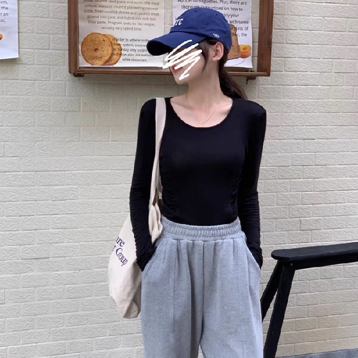 2496长袖T恤女打底衫新款秋季修身设计感小众别致上衣