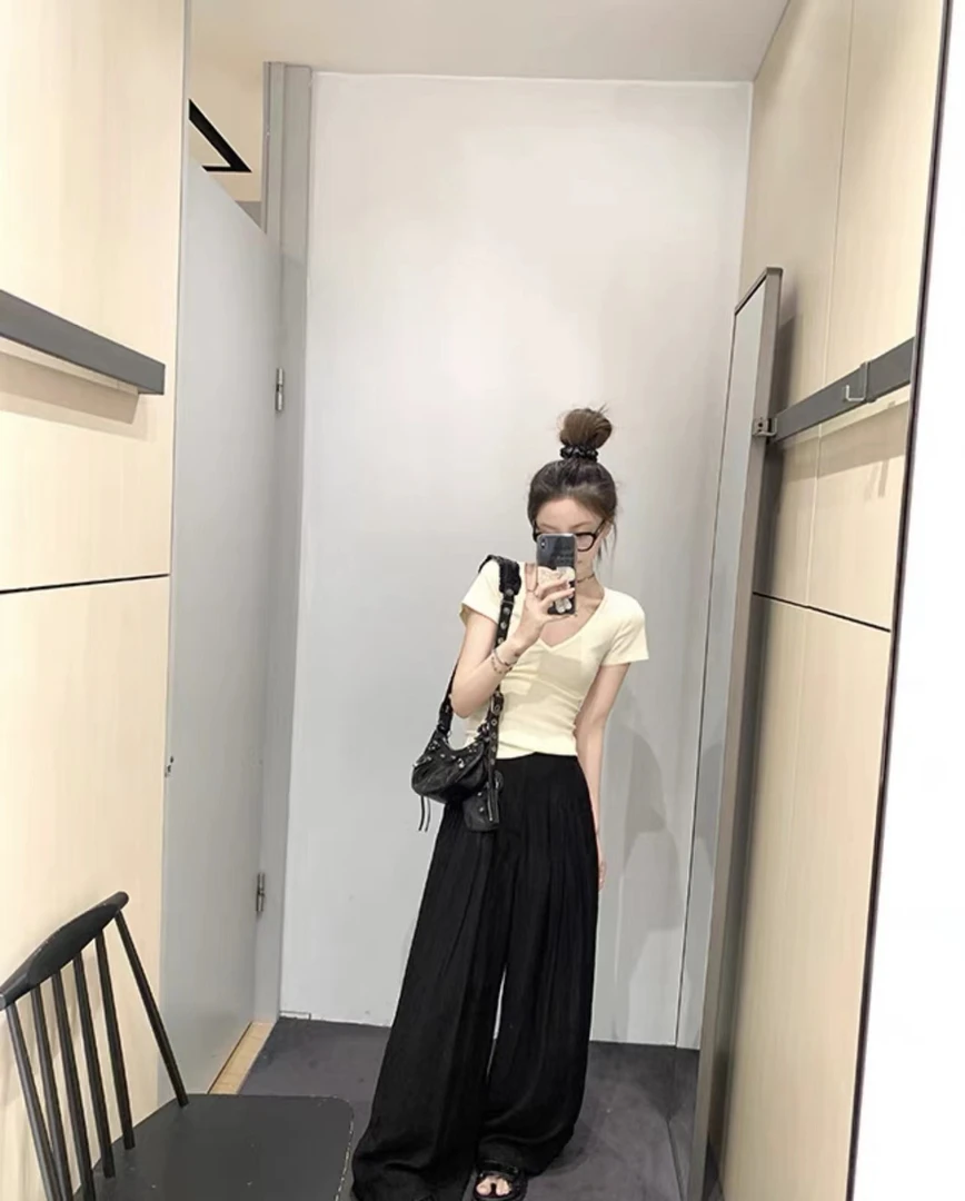 15932短袖V领T恤女新款修身显瘦短款上衣加裤子两件套