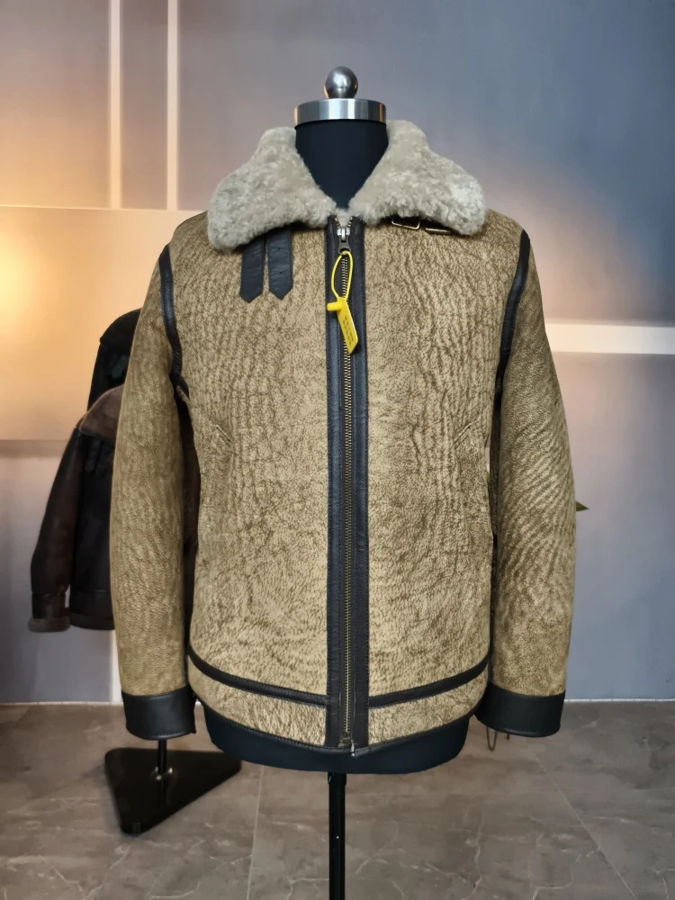 男装2529-1棕水洗澳产皮毛一体休闲商务男士机车休闲轻奢真皮保暖