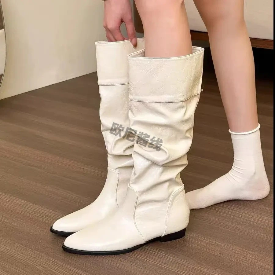 白色堆堆长筒骑士靴女鞋2025新款爆款秋冬季平底不过膝中筒长靴子