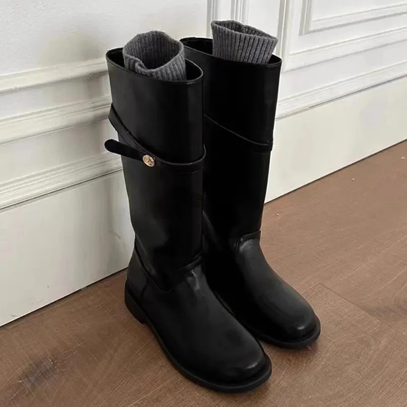 牛皮版！骑士靴2025新款复古棕色圆头粗跟高筒厚底不过膝长筒靴女