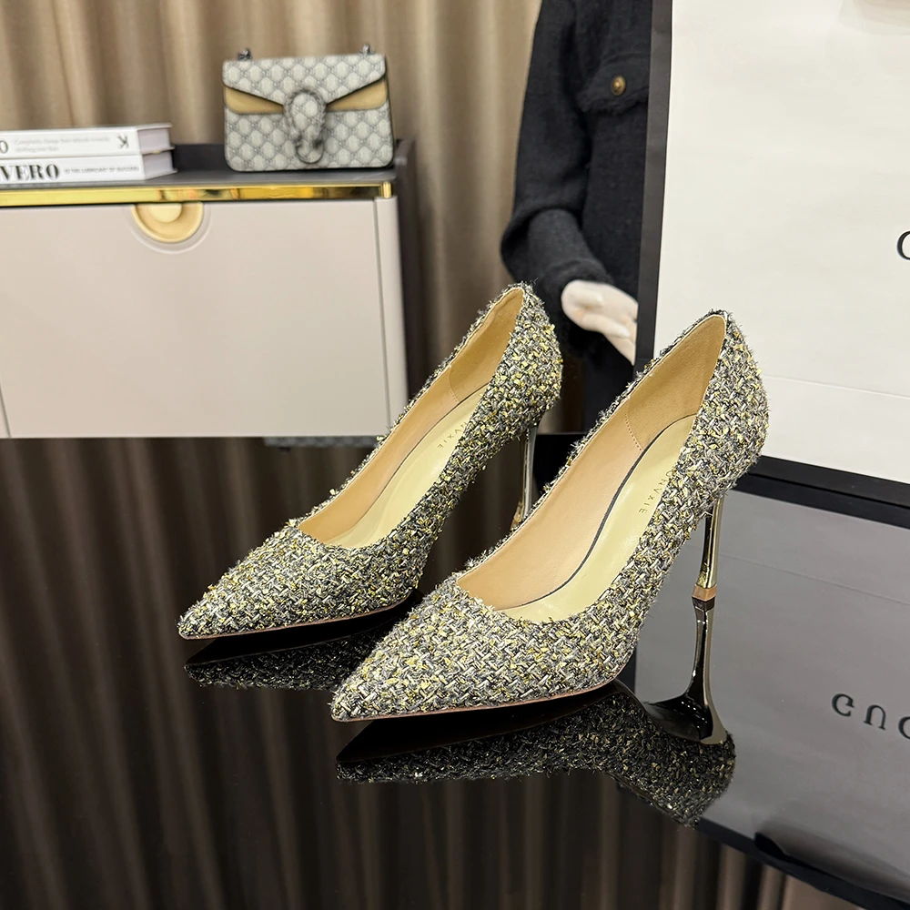 【甘师傅匠心之作】2024新款金色小香风细跟女士百搭尖头气质高跟鞋