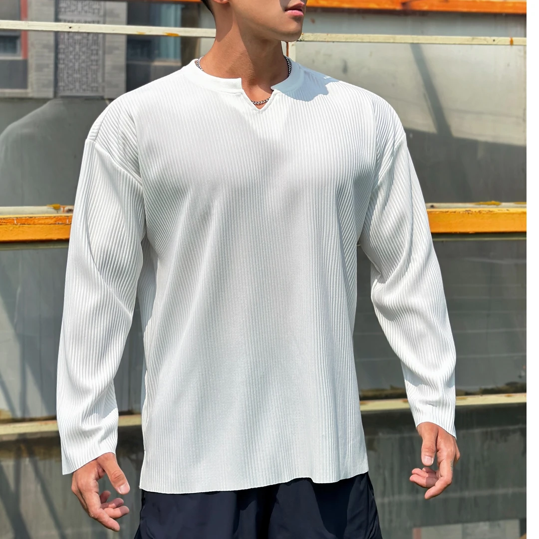 V领褶皱长袖秋冬男T恤宽松健身衣服运动垂感重磅显肌肉训练打底衫